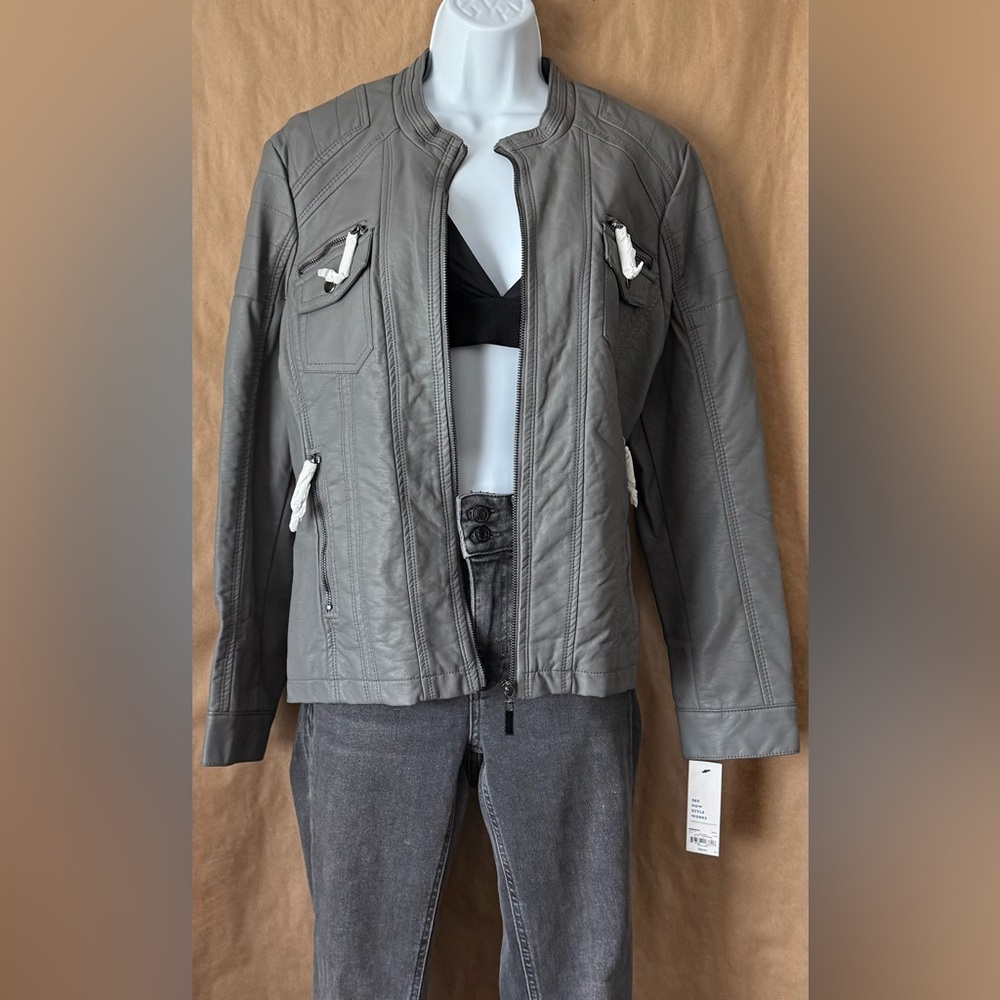Grey cement moto leather like jacket! NWT large